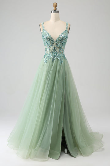 Splendido abito da ballo lungo verde chiaro con scollo a V a linea A con applicazioni